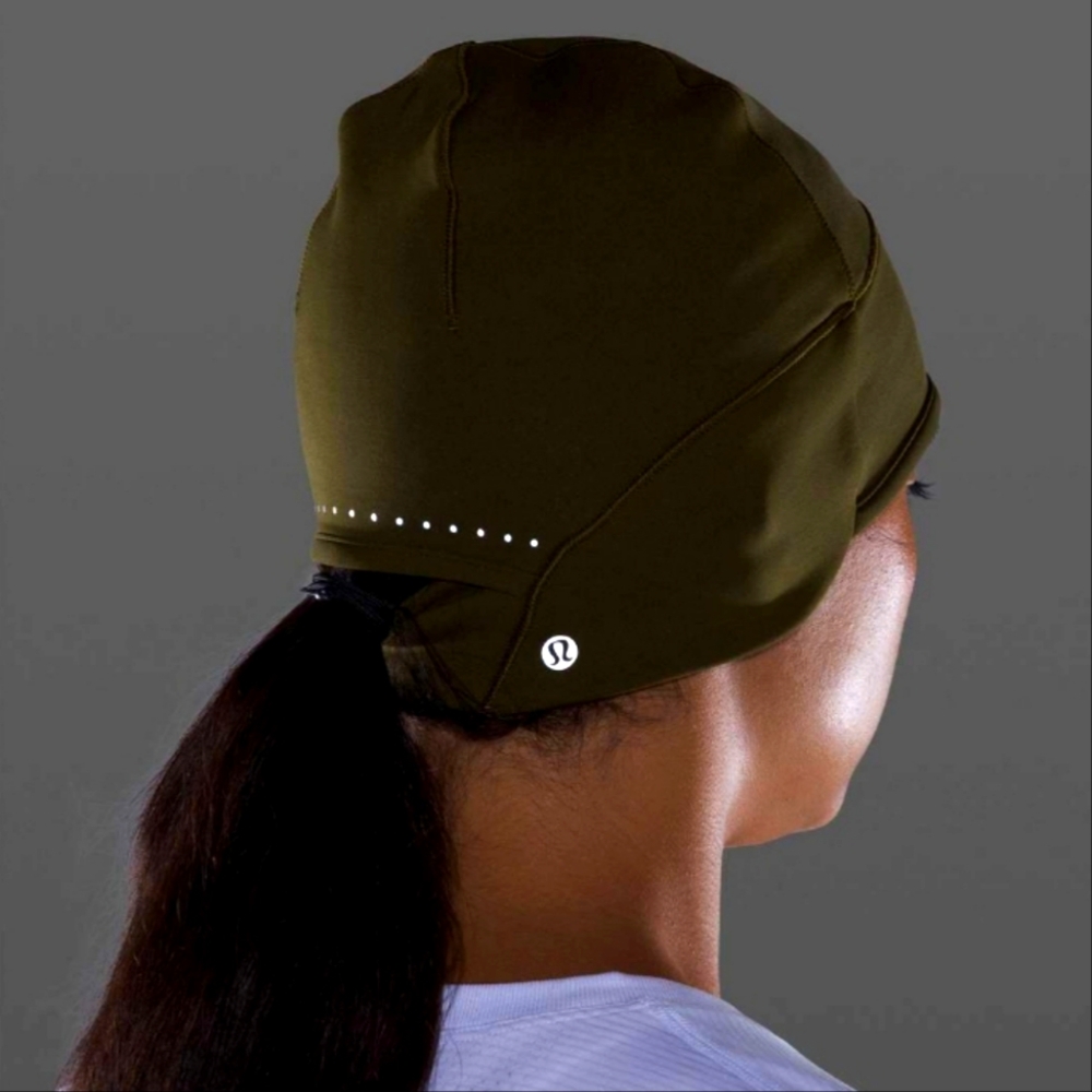 Run For It All Beanie Ponytail Hole Reflective Running Hat Fleece Tech MossGreen